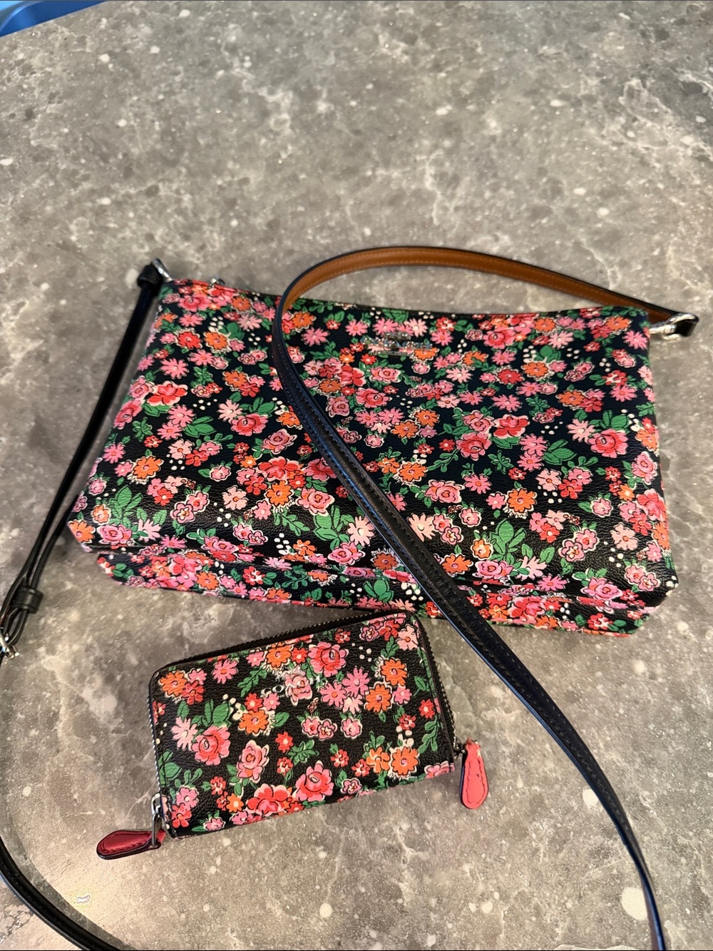 Coach Black Floral Crossbody Bag with Matching card case.